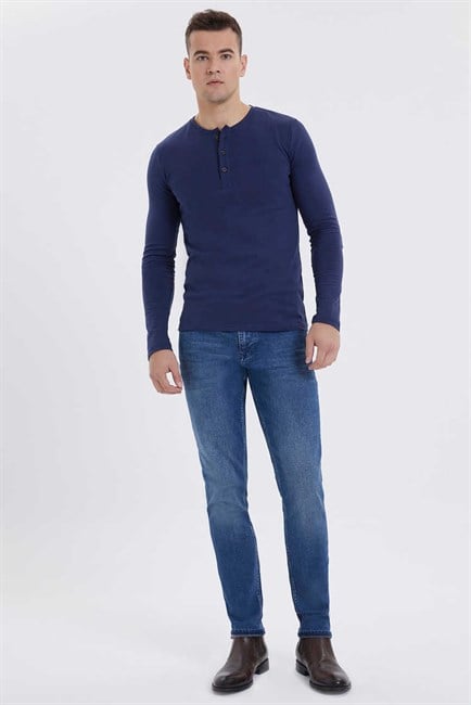 Grandad Erkek %100 Pamuk Bisiklet Yaka Patli Sweatshirt Lacivert