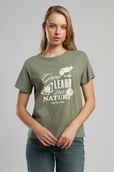 Grow Kadın %100 Pamuk O Yaka T-Shirt Haki