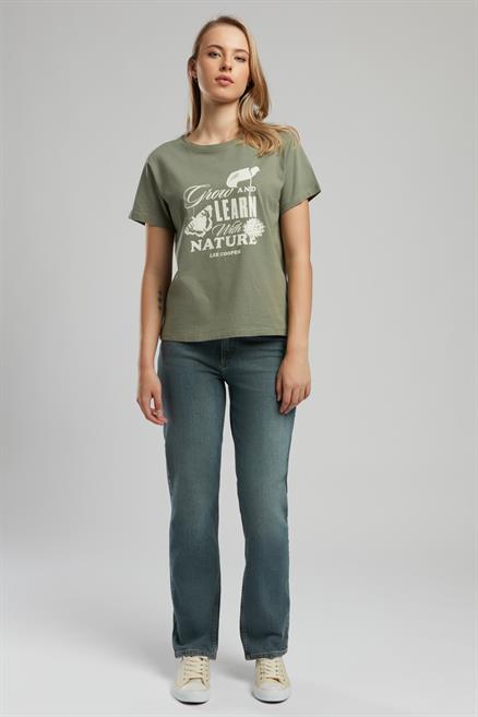 Grow Kadın %100 Pamuk O Yaka T-Shirt Haki