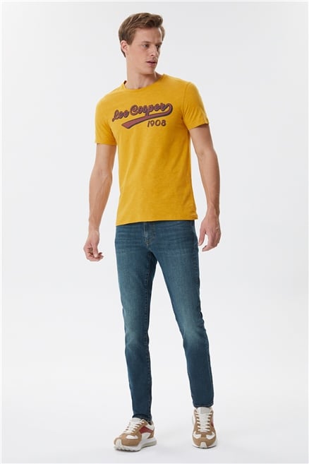 Hardy Erkek %100 Pamuk Bisiklet Yaka T-Shirt Hardal
