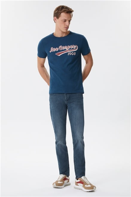 Hardy Erkek %100 Pamuk Bisiklet Yaka T-Shirt Açık Lacivert