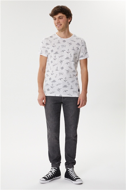 Hughes Erkek %100 Pamuk Bisiklet Yaka T-Shirt Beyaz