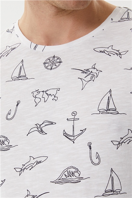 Hughes Erkek %100 Pamuk Bisiklet Yaka T-Shirt Beyaz
