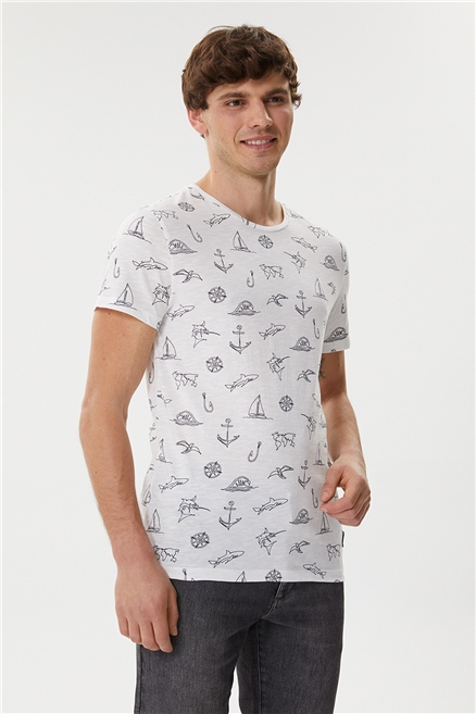 Hughes Erkek %100 Pamuk Bisiklet Yaka T-Shirt Beyaz