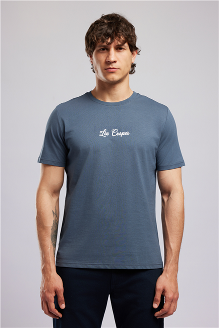 JASIEL Erkek Regular Fit Baskılı Bisiklet Yaka T-Shirt İndigo