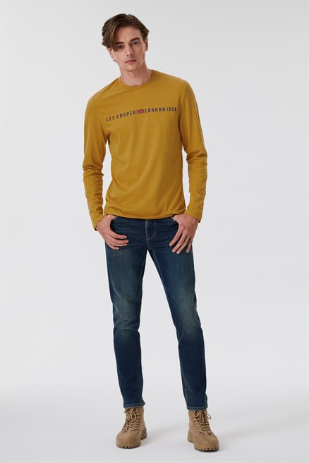 Jason Erkek %100 Pamuk Bisiklet Yaka Uzun Kol T-Shirt Hardal