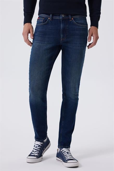 Jeff Erkek Skınny Süper Dar Kesim Normal Bel Dar Paça Jean Pantolon Mavi