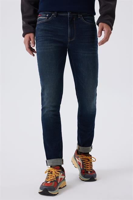 Jeff Erkek Skınny Süper Dar Kesim Normal Bel Dar Paça Jean Pantolon Mavi