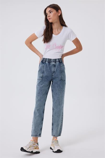 Jogger Normal Bel Rahat Kesim Bilekte Lastikli Paça Mavi Kadın Jean Pantolon