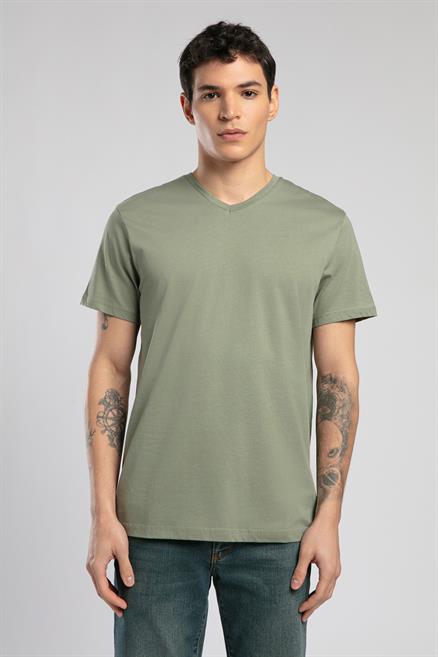 Jonat Erkek %100 Pamuk V Yaka T-Shirt Haki