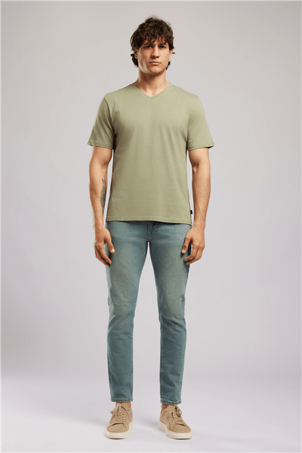 JONAT Erkek Regular Fit %100 Pamuk Basic V Yaka T-Shirt Yeşil