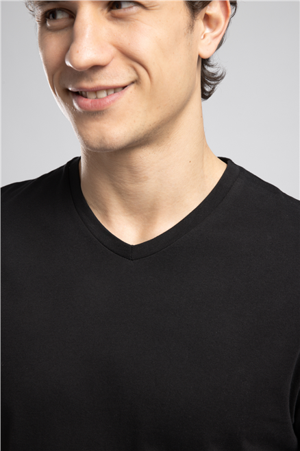 JONAT Erkek Regular Fit %100 Pamuk Basic V Yaka T-Shirt Siyah