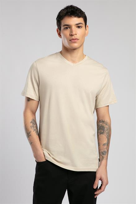 Jonat Erkek %100 Pamuk V Yaka T-Shirt Bej
