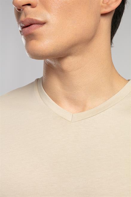 Jonat Erkek %100 Pamuk V Yaka T-Shirt Bej