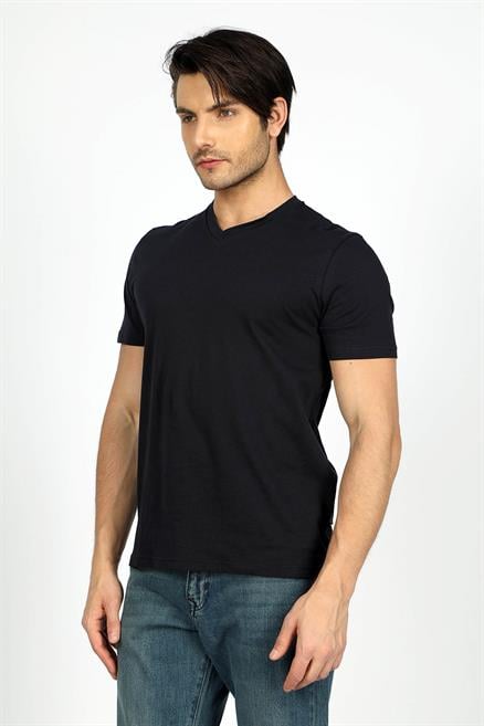 Jonat Erkek %100 Pamuk V Yaka T-Shirt Lacivert