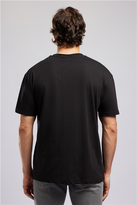 JOSUE Erkek Loose %100 Pamuk Baskılı Bisiklet Yaka T-Shirt Siyah
