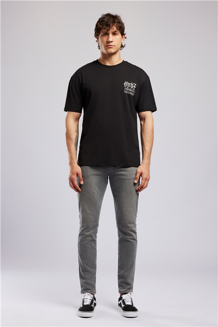 JOSUE Erkek Loose %100 Pamuk Baskılı Bisiklet Yaka T-Shirt Siyah