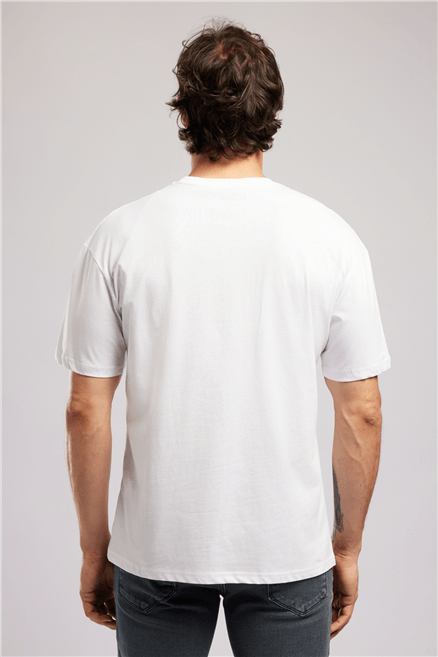 JOSUE Erkek Loose %100 Pamuk Baskılı Bisiklet Yaka T-Shirt Beyaz