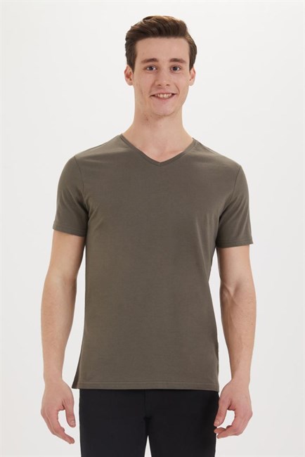 Kaleb Erkek %100 Pamuk V Yaka T-Shirt Haki