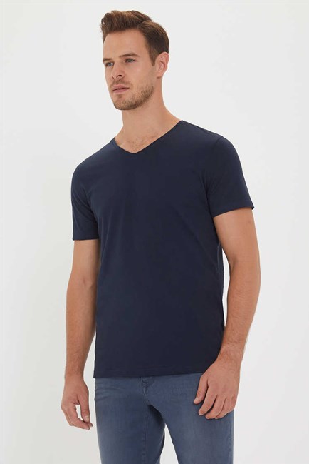 Kaleb Erkek %100 Pamuk V Yaka T-Shirt Lacivert