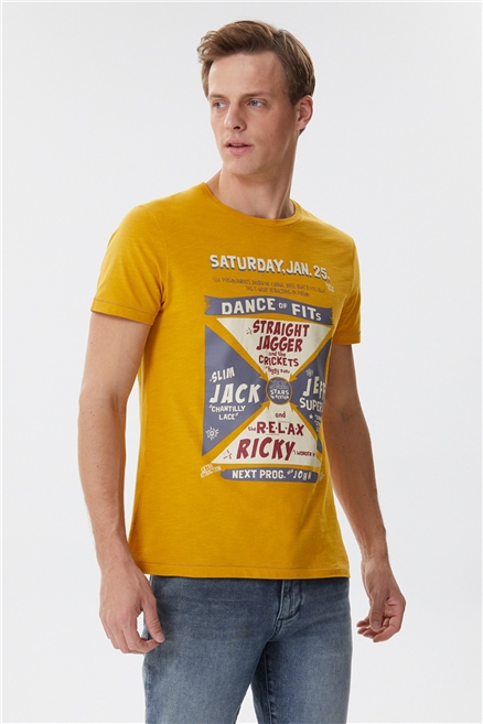Kenway Erkek %100 Pamuk Bisiklet Yaka T-Shirt Hardal