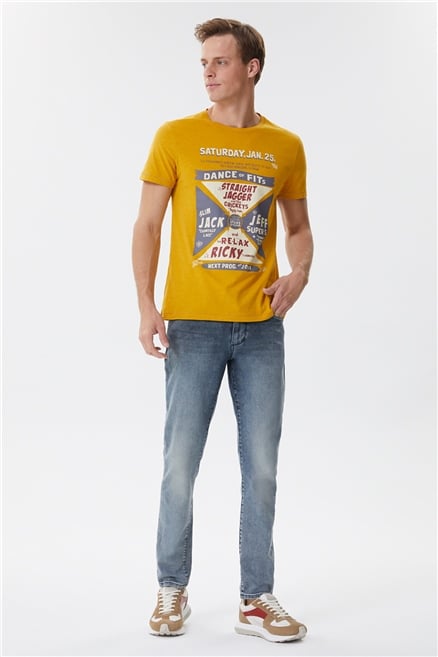 Kenway Erkek %100 Pamuk Bisiklet Yaka T-Shirt Hardal