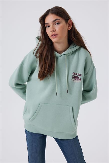 Kindy Kadın %100 Pamuk Kapüşonlu Sweatshirt Mint