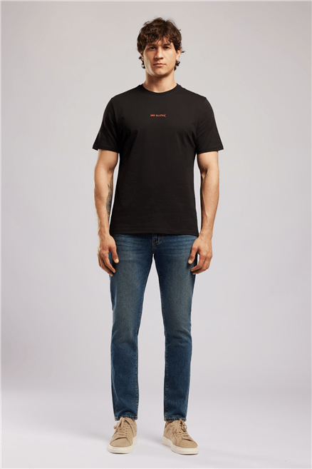 KWASI Erkek Loose %100 Pamuk Baskılı Bisiklet Yaka T-Shirt Siyah