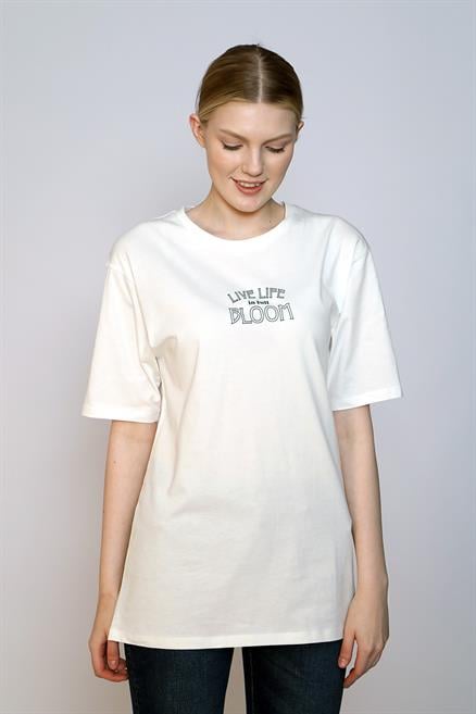 Lades Kadın %100 Pamuk O Yaka T-Shirt Ekru