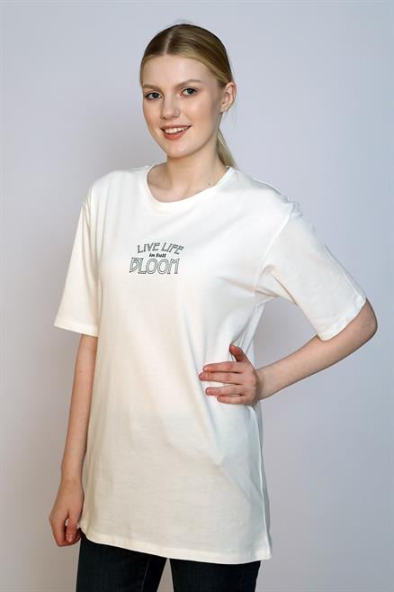 Lades Kadın %100 Pamuk O Yaka T-Shirt Ekru