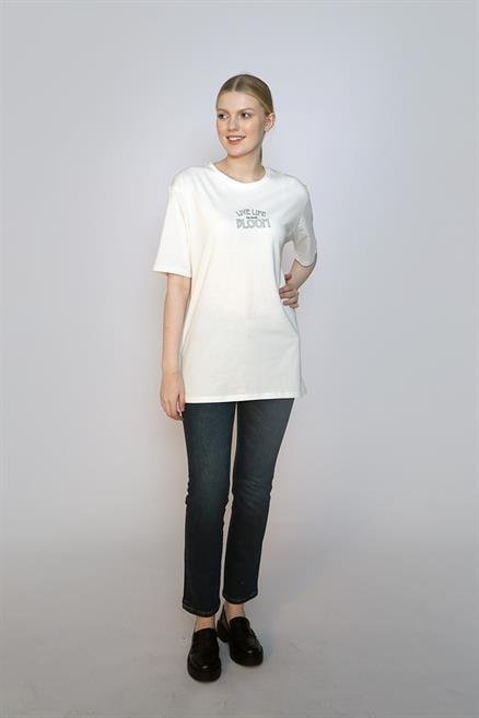 Lades Kadın %100 Pamuk O Yaka T-Shirt Ekru