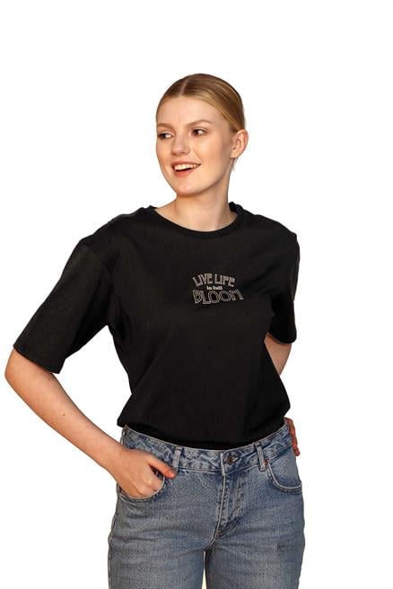 Lades Kadın %100 Pamuk O Yaka T-Shirt Siyah