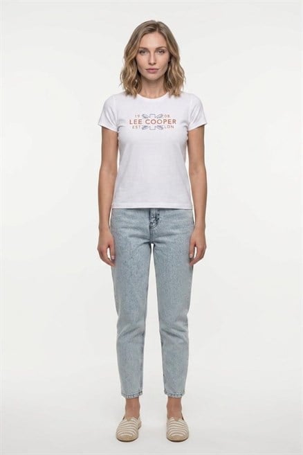 LEICESTER Kadın Basic Baskılı Bisiklet Yaka T-Shirt Beyaz