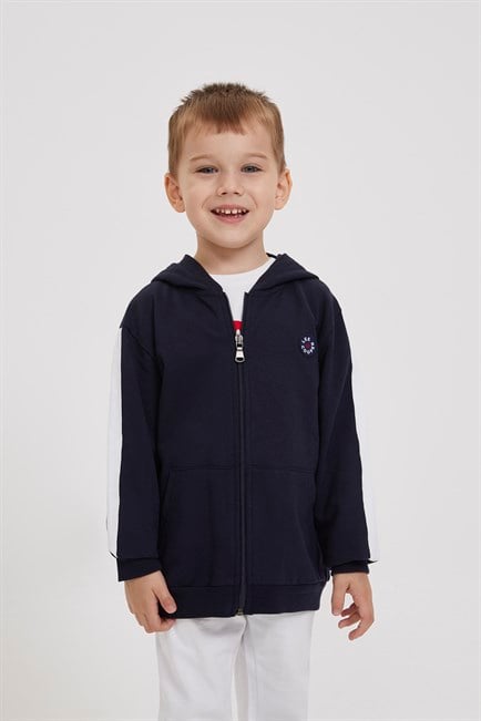 Leo Erkek Çocuk %100 Pamuk Kapüşonlu Fermuarlı Sweatshirt İndigo