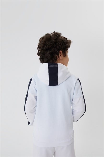 Leo Erkek Çocuk %100 Pamuk Kapüşonlu Fermuarlı Sweatshirt Beyaz