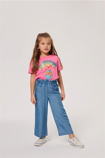 Lisa Yüksek Bel Geniş Paça Kesim Geniş Paça Mavi Kız Çocuk Jean Pantolon