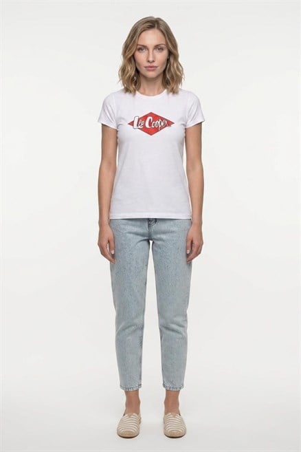 LOGONS Kadın Baskılı Bisiklet Yaka T-Shirt Beyaz