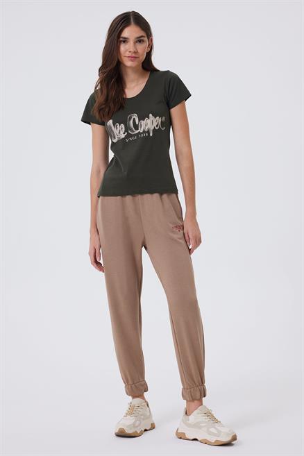 London 1 Kadın %100 Pamuk O Yaka T-Shirt Haki