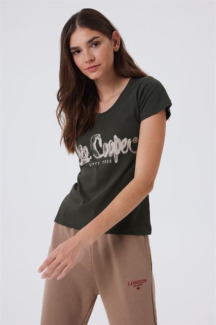 London 1 Kadın %100 Pamuk O Yaka T-Shirt Haki