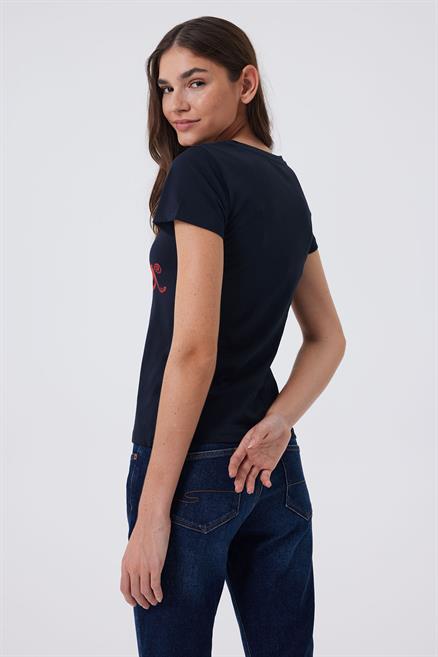 London 1 Kadın %100 Pamuk O Yaka T-Shirt Koyu Lacivert