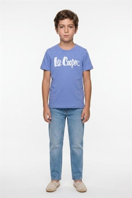 Londonlogo Erkek Çocuk Basic %100 Pamuk Baskılı Bisiklet Yaka T-Shirt Mavi