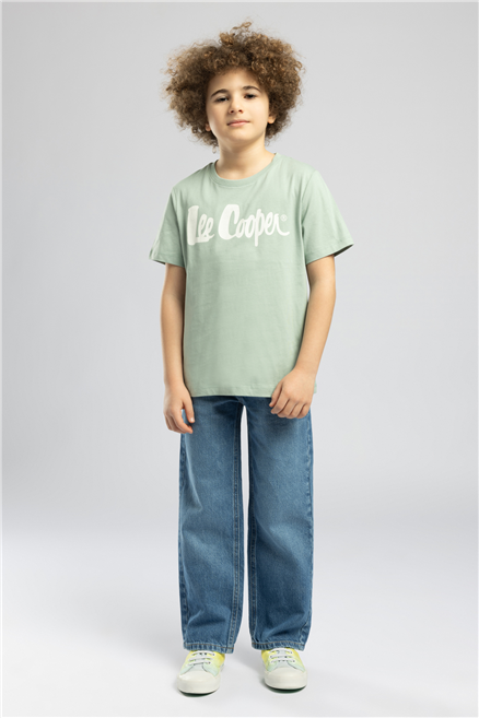 Londonlogo Erkek Çocuk Basic %100 Pamuk Baskılı Bisiklet Yaka T-Shirt Yeşil