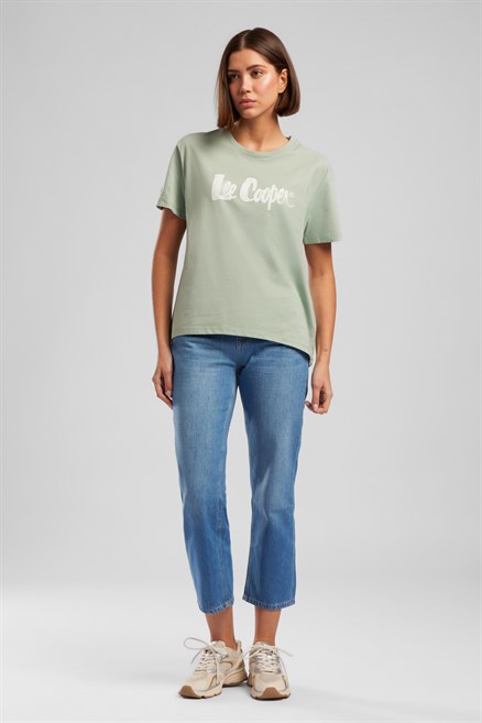Londonlogo Kadın Rahat Kesim %100 Pamuk Baskılı Bisiklet Yaka T-Shirt Yeşil