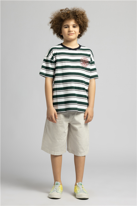 Lory Erkek Çocuk Çizgili Bisiklet Yaka T-Shirt Yeşil
