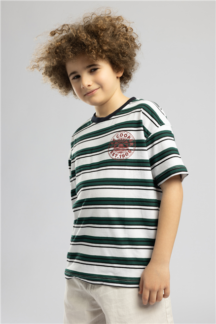 Lory Erkek Çocuk Çizgili Bisiklet Yaka T-Shirt Yeşil