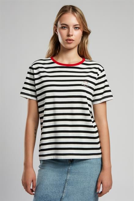 Malory Kadın %100 Pamuk O Yaka T-Shirt Ekru-Siyah Çizgili