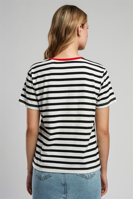 Malory Kadın %100 Pamuk O Yaka T-Shirt Ekru-Siyah Çizgili