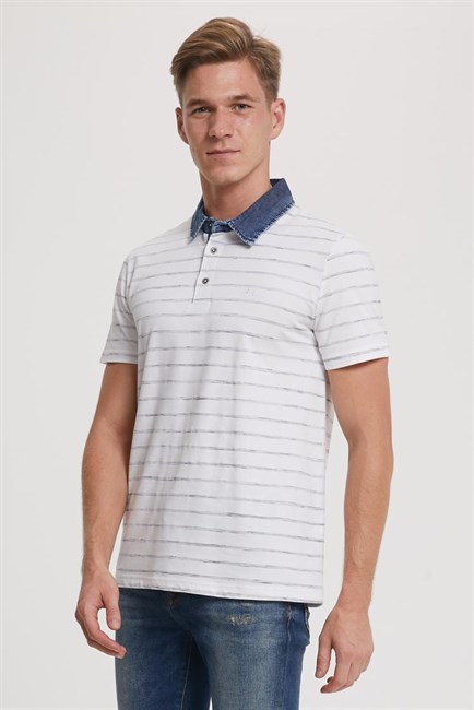 Matty Erkek Denim Yaka Çizgili T-Shirt Beyaz