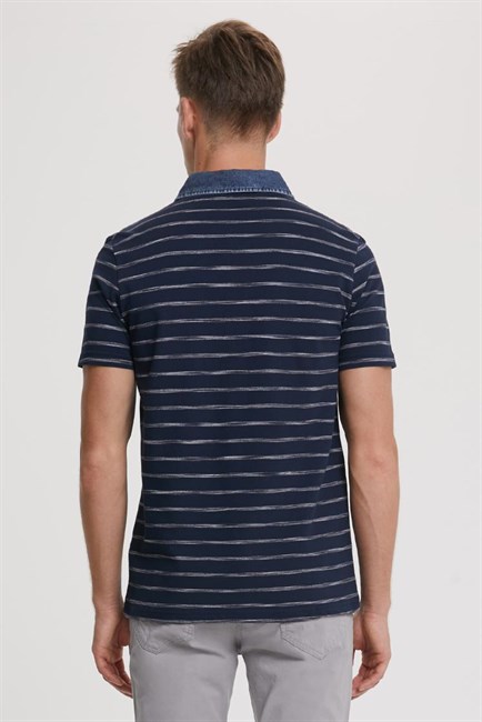 Matty Erkek Denim Yaka Çizgili T-Shirt Lacivert