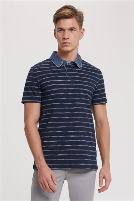 Matty Erkek Denim Yaka Çizgili T-Shirt Lacivert